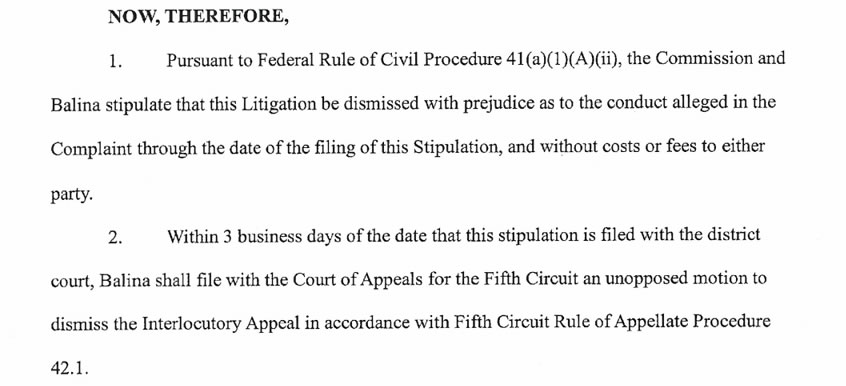 SEC Balina Case Dismissal Stipulation. Source: PACER