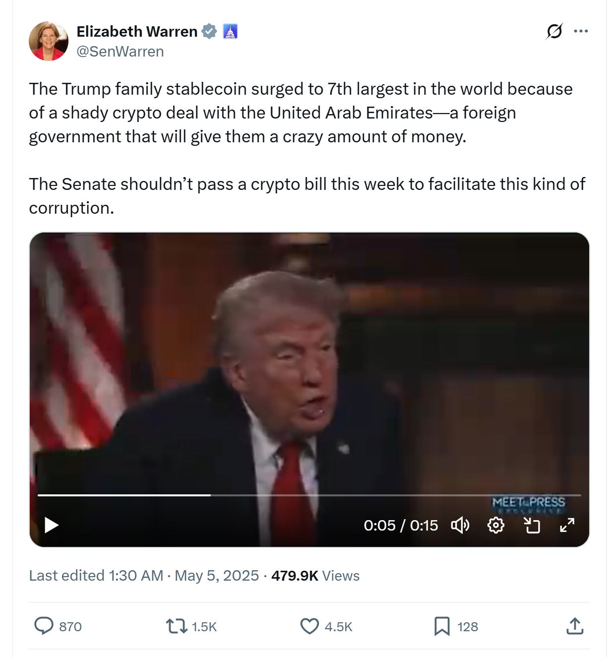 Elizabeth Warren Slams Trump Stablecoin Deal With UAE. Source: @SenWarren on X