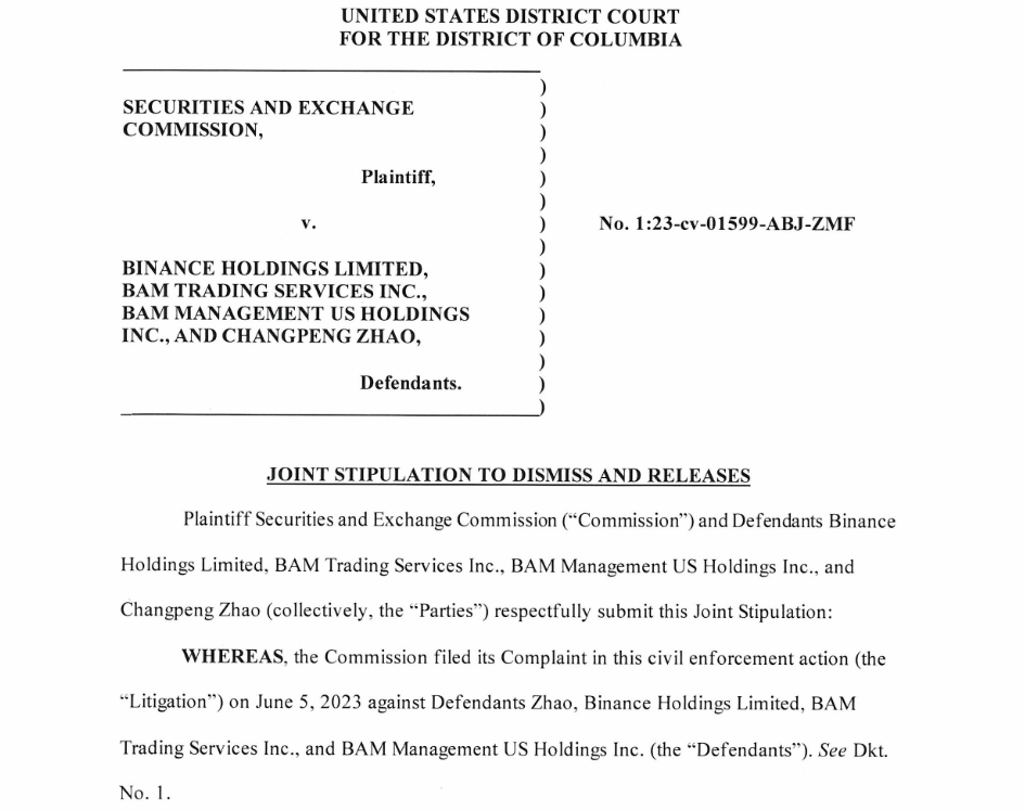 SEC vs Binance Case Dismissal Filing. Source: U.S. District Court, District of Columbia