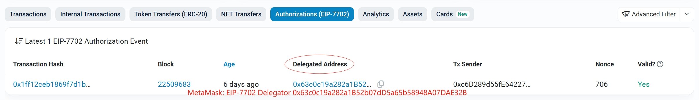 EIP-7702 MetaMask Delegation Record Revealed in Wallet Authorization Log. Source: Etherscan
