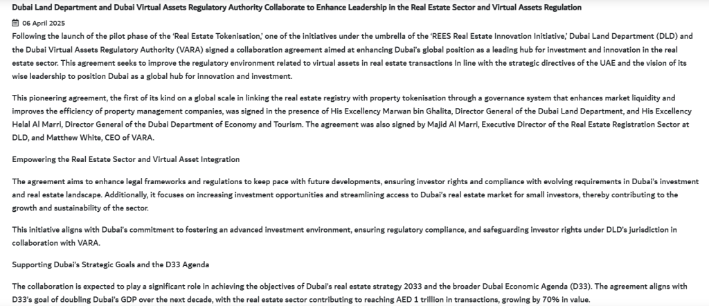 Dubai DLD and VARA Real Estate Tokenisation Deal. Source: Dubai Land Department