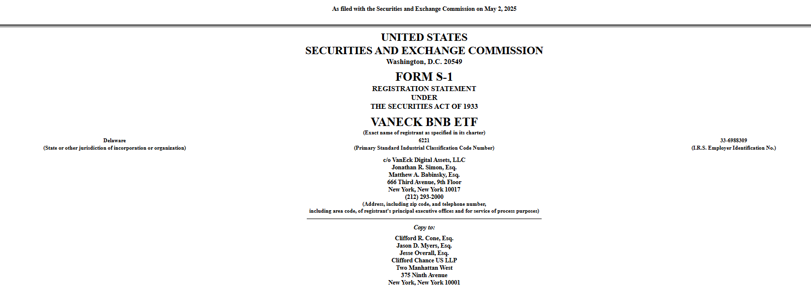 VanEck BNB ETF SEC Filing Document. Source: U.S. Securities and Exchange Commission
