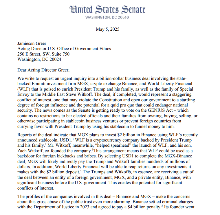Senate Letter Demands Probe Into Trump Stablecoin Deal. Source: U.S. Senate
