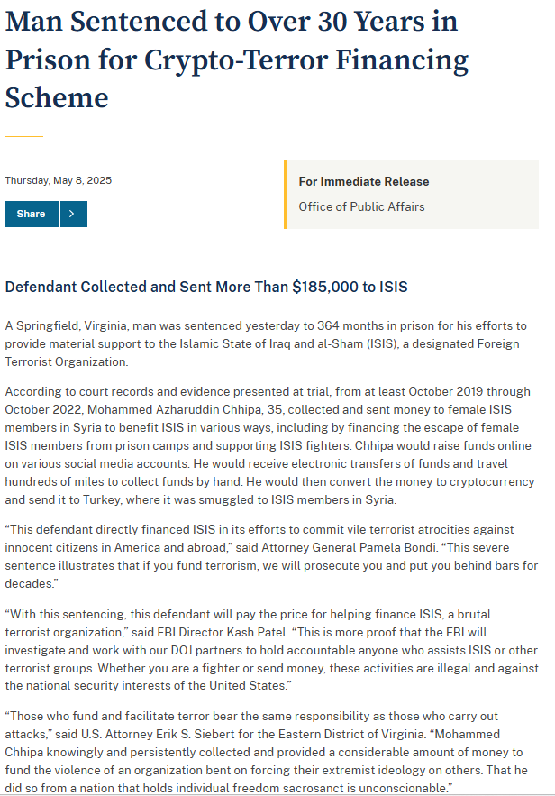 Crypto Terror Finance Sentence. Source: U.S. Department of Justice