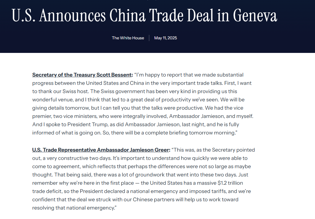 China Trade Deal Geneva Announcement. Source: The White House