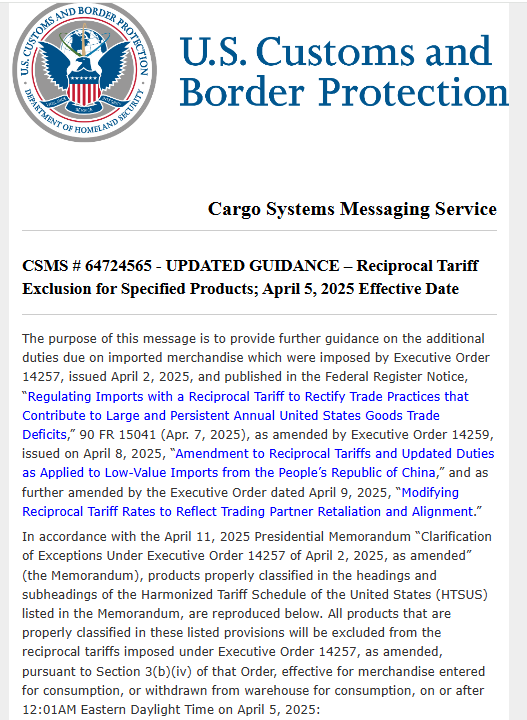 US Tariff Exclusion Update Effective April 5. Source: U.S. Customs and Border Protection