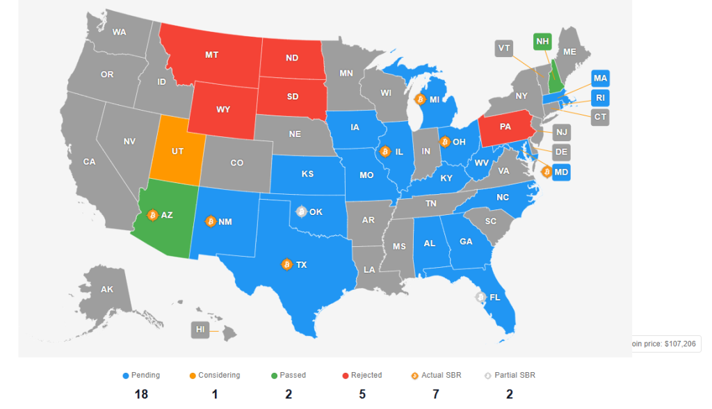 Bitcoin Reserve Legislation Map USA. Source: Bitcoin Reserve Monitor