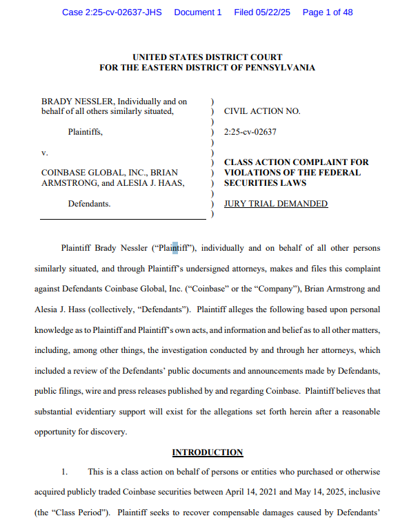 Coinbase Faces Securities Laws Class Action in Pennsylvania Court. Source: U.S. District Court Document