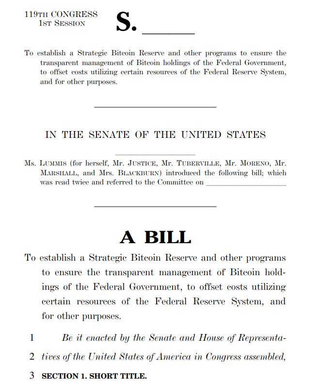 Strategic Bitcoin Reserve Bill Proposal. Source: U.S. Senate Document
