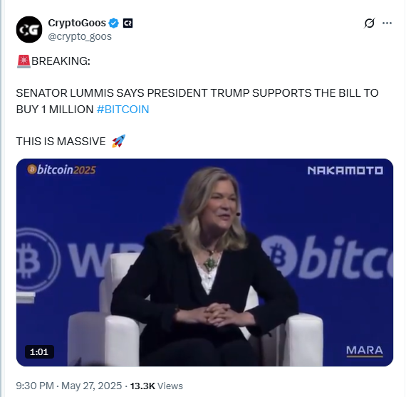 Senator Lummis Confirms Trump’s Bitcoin Support. Source: CryptoGoos on X