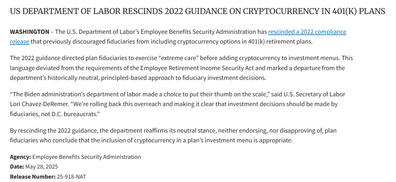 Labor Department Withdraws Crypto Ban in 401(k) Plans. Source: U.S. Department of Labor