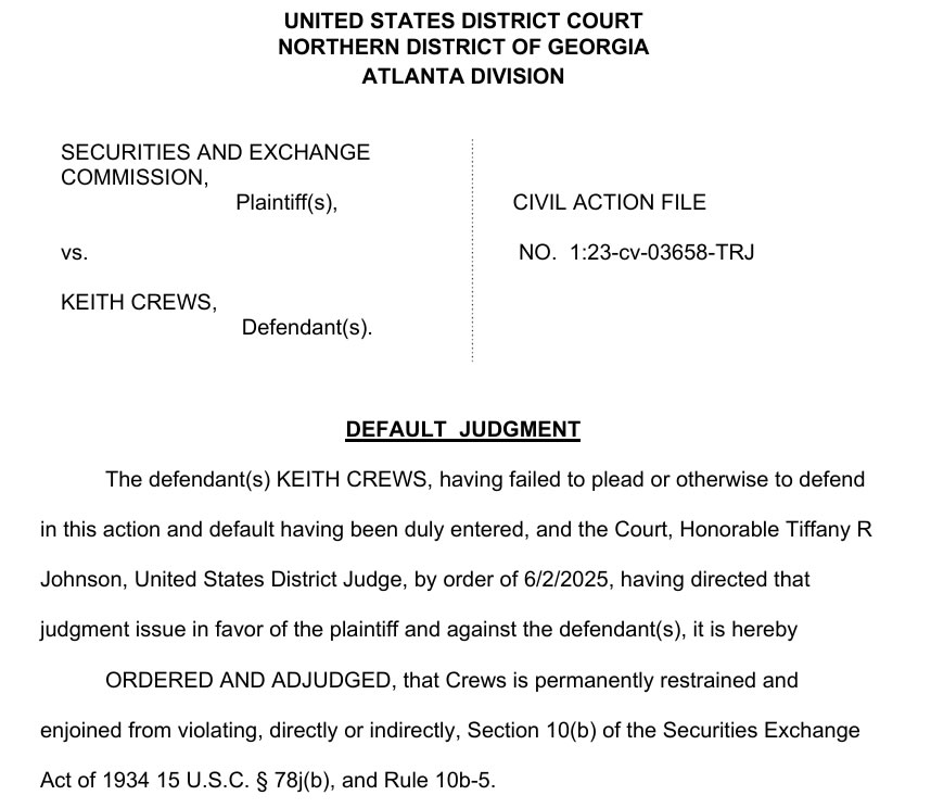SEC vs Keith Crews Default Ruling. Source: U.S. District Court, Northern District of Georgia