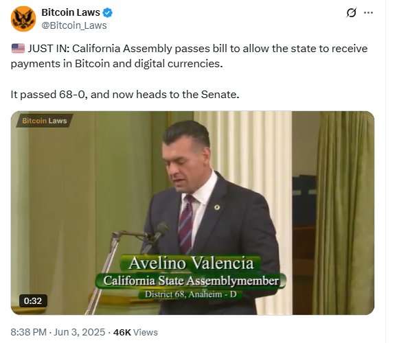 California Assembly Unanimously Passes Crypto Payments Bill. Source: Bitcoin Laws