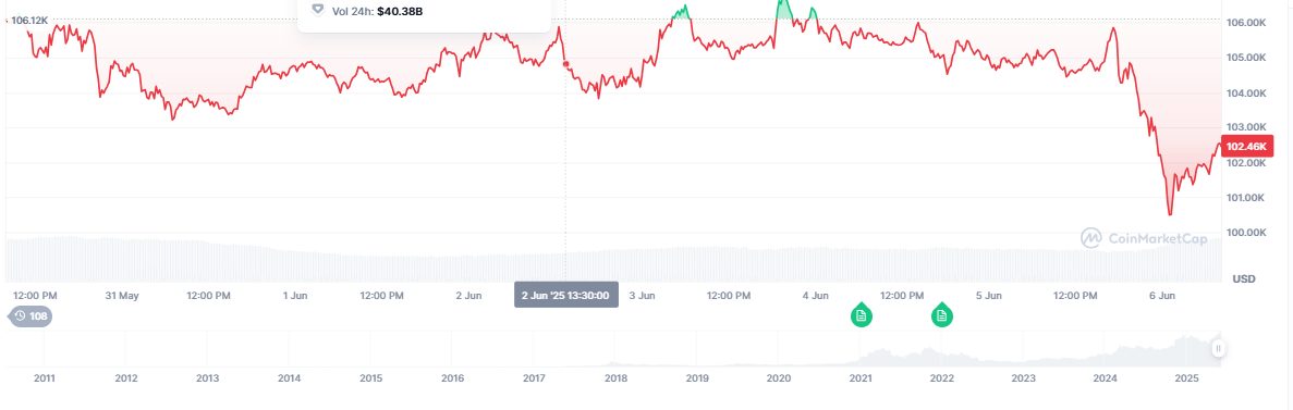 Bitcoin Price Drop to $102.46K. Source: CoinMarketCap