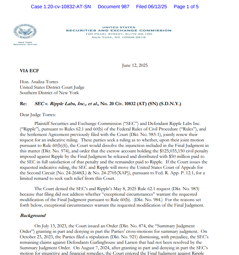 Ripple SEC Escrow Motion Filing.Source: United States Securities and Exchange Commission (SEC