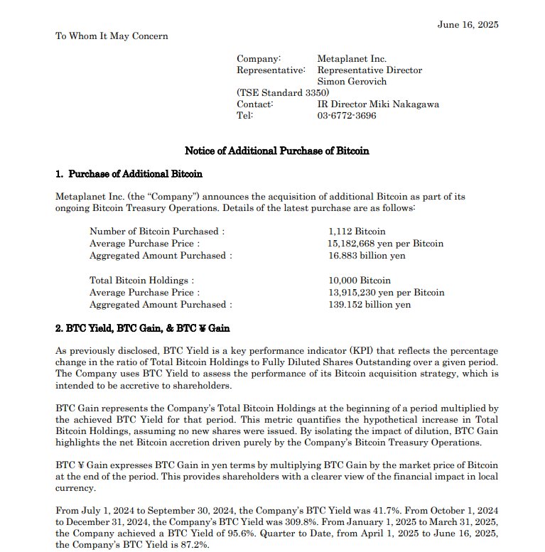 Metaplanet Bitcoin Purchase Notice. Source: Metaplanet Inc.