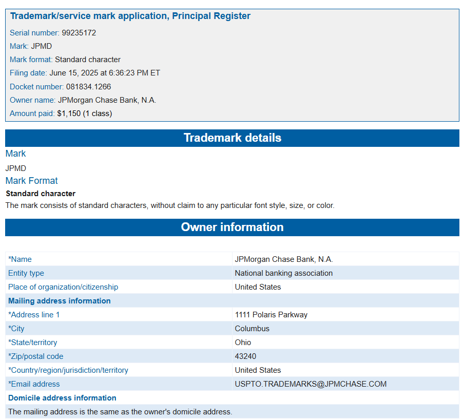 JPMorgan JPMD Trademark Filing Details. Source: USPTO