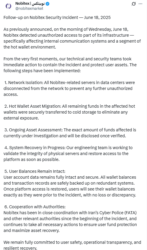  Nobitex June 18 Security UpdateSource: Nobitex