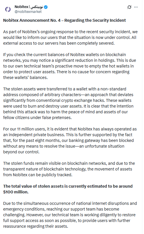 Nobitex Announcement No. 4 on Security IncidentSource: Nobitex 