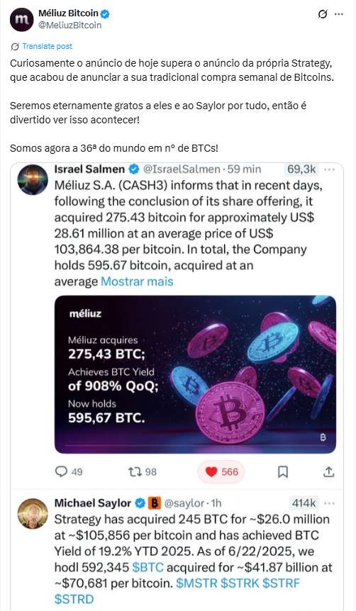 Méliuz vs. MicroStrategy Bitcoin Buys. Source: X (@MeliuzBitcoin)