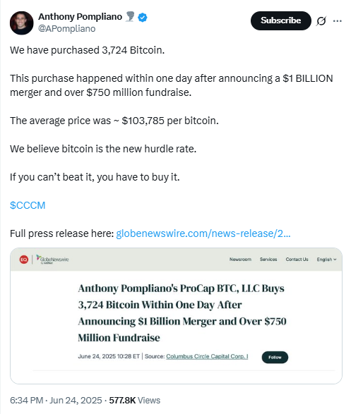  ProCap Bitcoin Purchase DisclosureSource: Anthony Pompliano on X