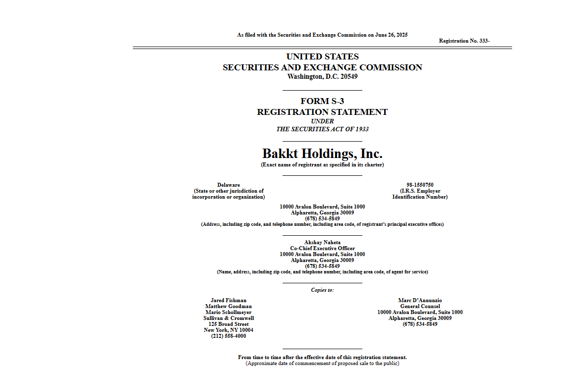 Bakkt Form S-3 Filing Cover PageSource: U.S. Securities and Exchange Commission (SEC)