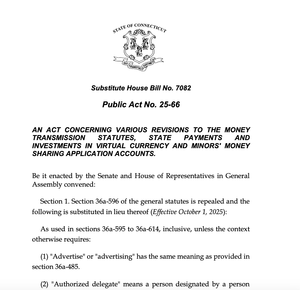 Connecticut Crypto Law SignedSource: State of Connecticut 