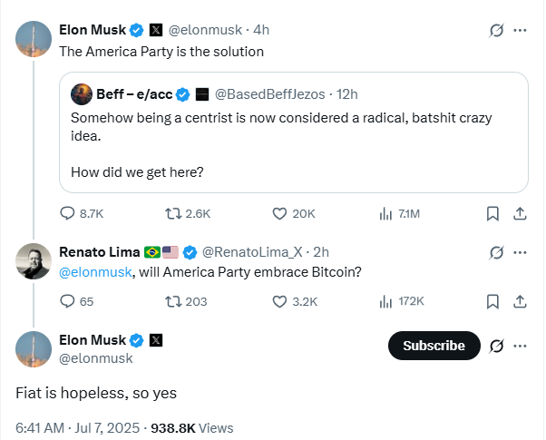 Elon Musk America Party Embraces Bitcoin. Source: Elon Musk on X (@elonmusk)