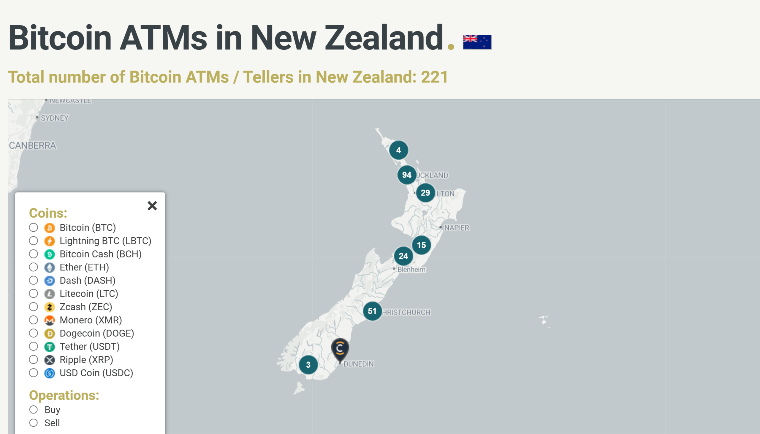 Bitcoin ATMs Map in New Zealand. Source: Coin ATM Radar