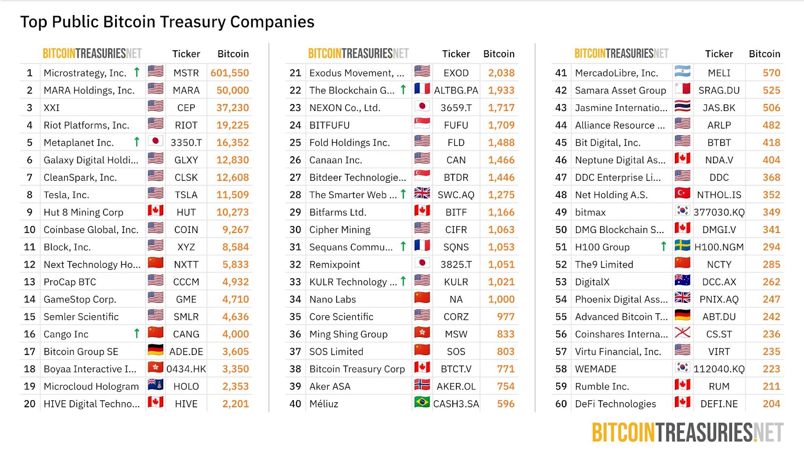 Top Bitcoin Holding Companies by Public Treasury. Source: BitcoinTreasuries.NET