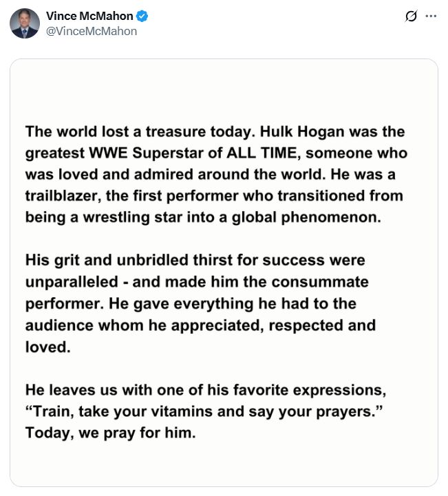 Vince McMahon on Hulk Hogan DeathSource: X.com/@VinceMcMahon