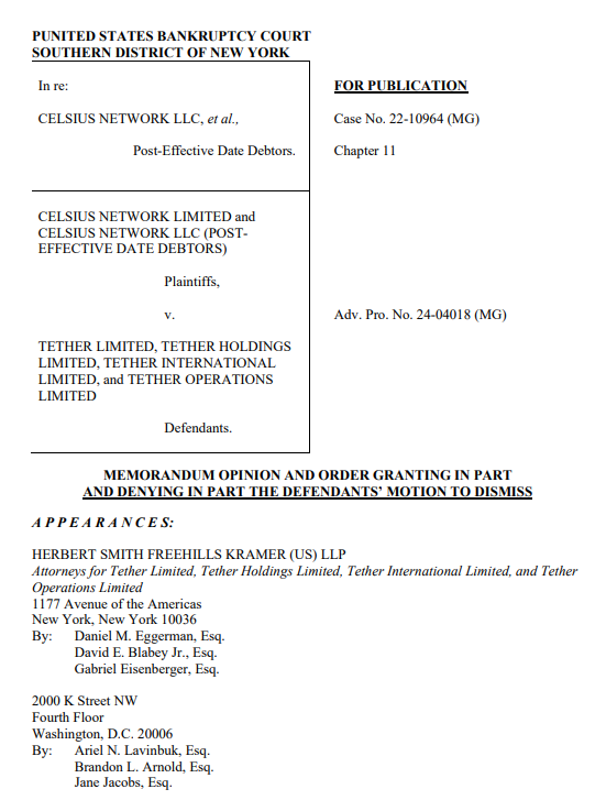Celsius v. Tether Court FilingSource: United States Bankruptcy Court, Southern District of New York