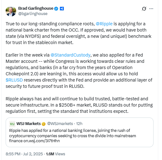 Ripple Bank License Announcement. Source: Brad Garlinghouse on X (@bgarlinghouse)