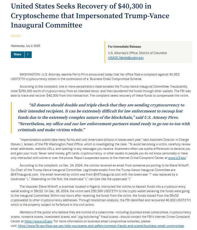 : Trump-Vance Crypto Scam DOJ FilingSource: U.S. Attorney’s Office, District of Columbia