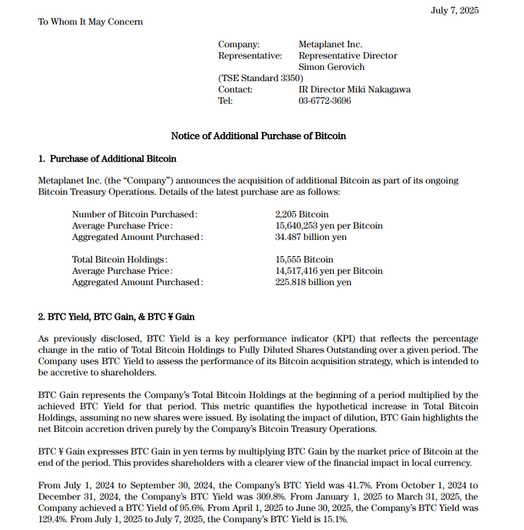 Metaplanet Bitcoin Purchase Filing. Source: Metaplanet Inc.,