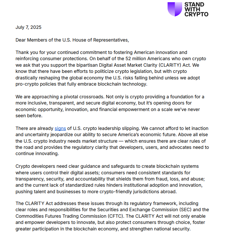 CLARITY Act Lobby Letter to Congress.Source: Stand With Crypto