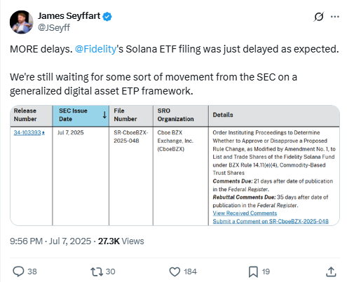 Fidelity Solana ETF Delay Update. Source: James Seyffart via X