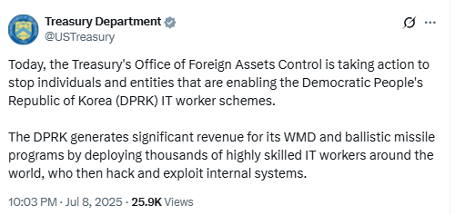 North Korean IT Worker Sanctions.Source: Treasury Department / X (@USTreasury)