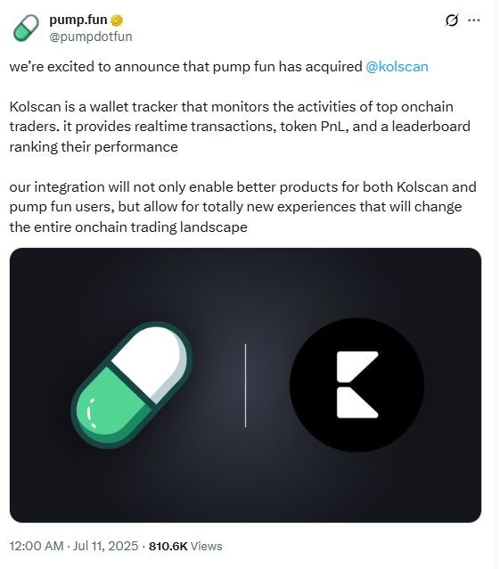 Pump.fun Kolscan Acquisition AnnouncementSource: Pump.fun / X (@pumpdotfun)