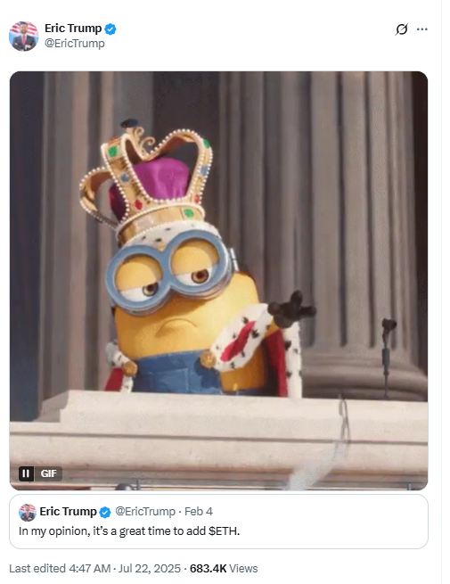 Eric Trump ETH Post With Minion MemeSource: Eric Trump on X (@EricTrump)