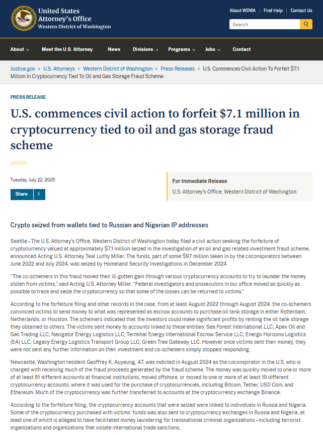 U.S. Crypto Seizure in Oil Scam.Source: U.S. Attorney’s Office, Western District of Washington.
