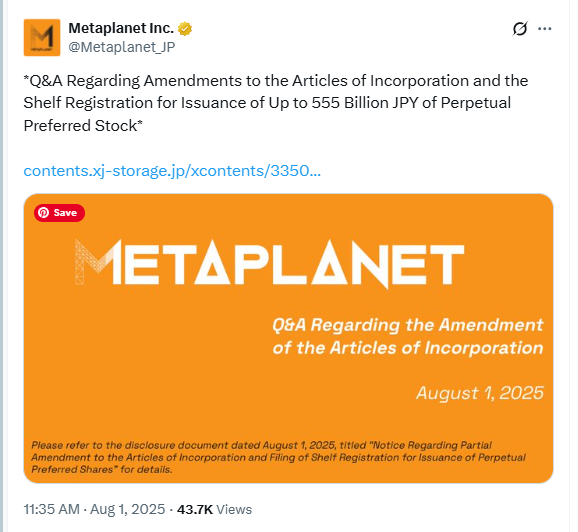 Metaplanet Q&A on Amendments and Stock IssuanceSource: Metaplanet Inc. on X