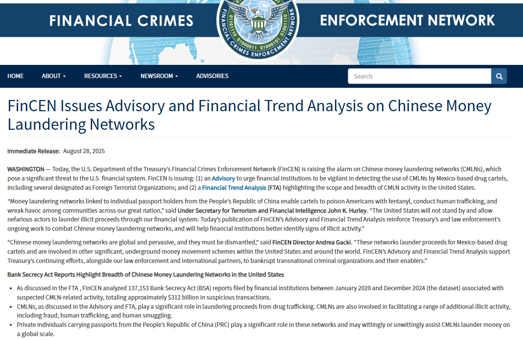 FinCEN Issues Advisory and Financial Trend Analysis on Chinese Money Laundering NetworksSource: Financial Crimes Enforcement Network (FinCEN)