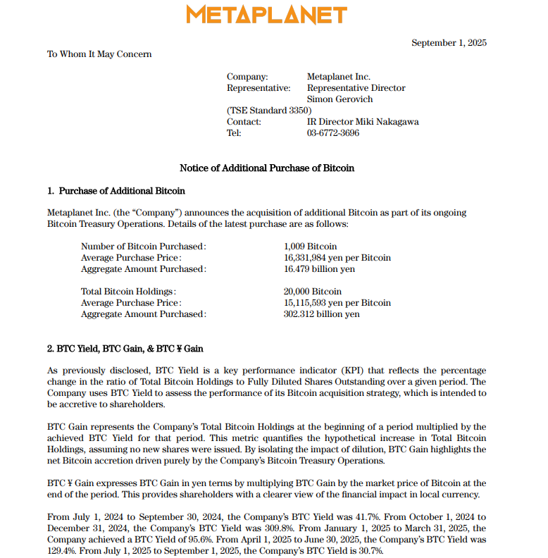 Notice of Additional Purchase of Bitcoin. Source: Metaplanet