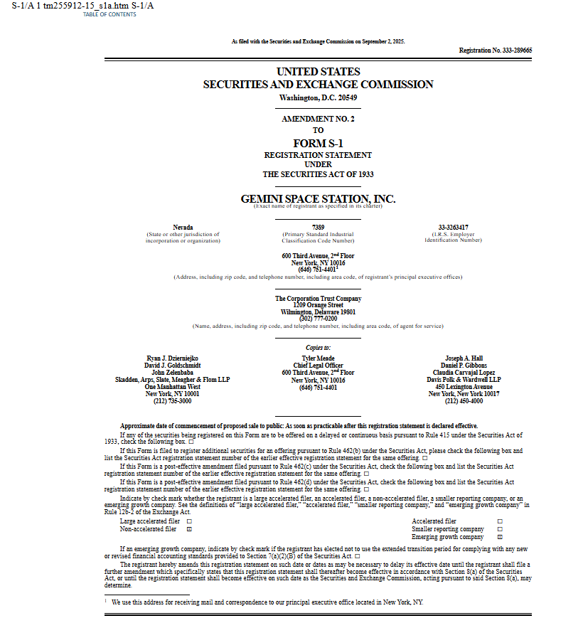 Form S-1 IPO Filing, Gemini Space Station Inc.Source: U.S. Securities and Exchange Commission (SEC)