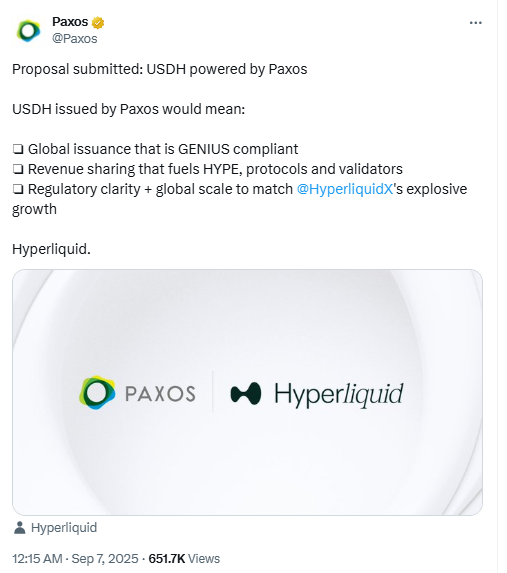Paxos Proposal on USDH StablecoinSource: X (@Paxos)