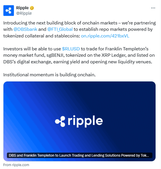 Ripple RLUSD Repo Markets Partnership. Source: Ripple on X