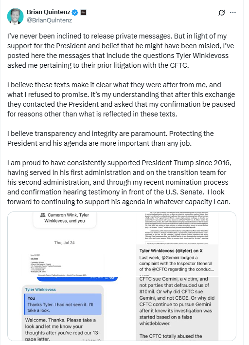 Brian Quintenz Winklevoss Messages. Source: Brian Quintenz on X