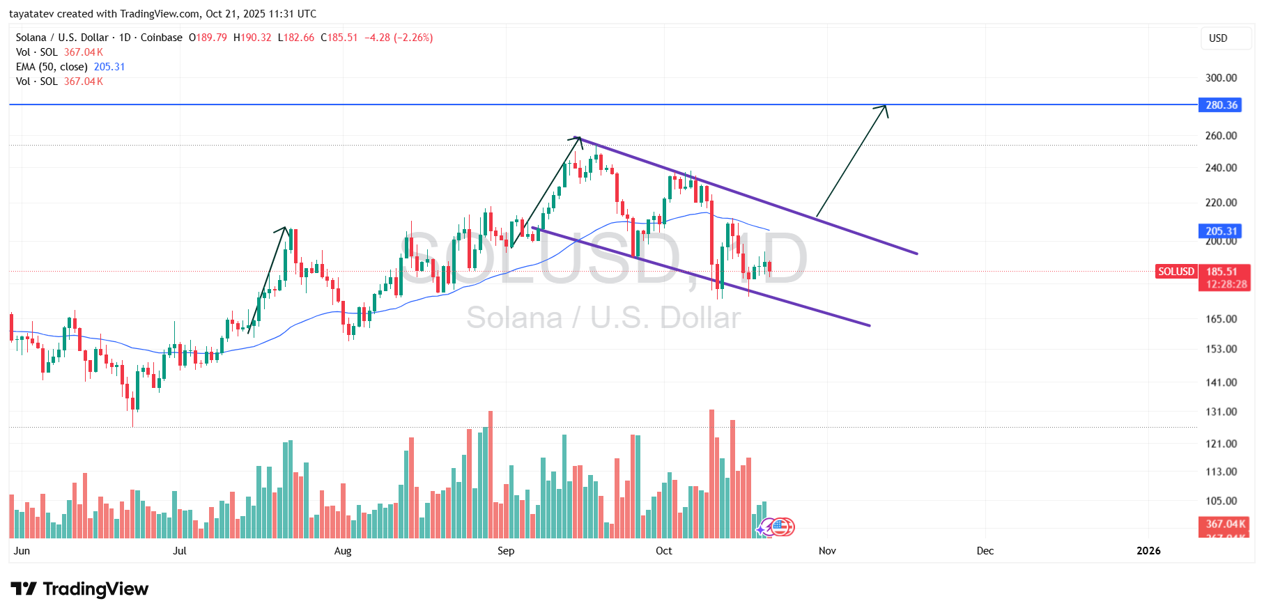 Solana USD Bullish Flag Daily. Source: TradingView