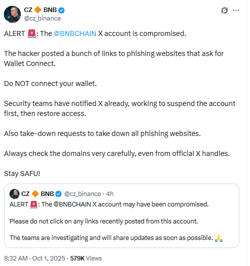 BNB Chain X Hack Alert. Source: CZ Binance on X